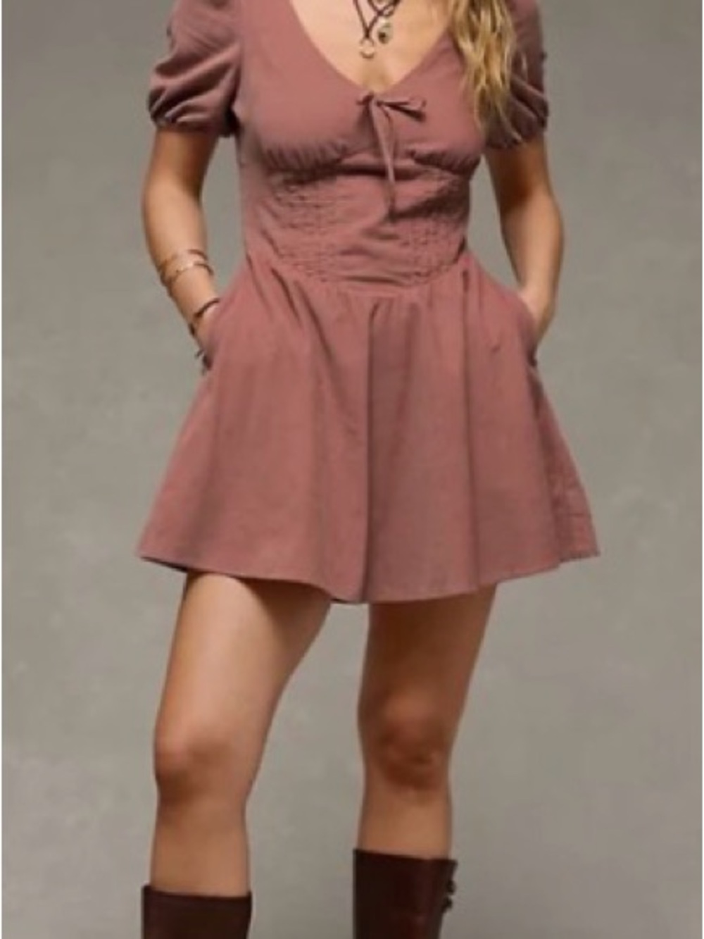 American Eagle Outfitters Dusty Mauve Smocked Mini Dress
